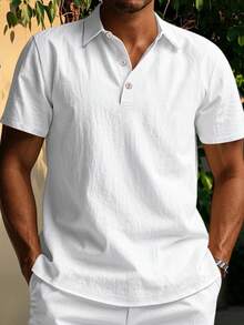 Men's Short Sleeve Shirt Linen Stylish Solid Button Lapel V Neck Tops For Summer - 白色 - 查看 5