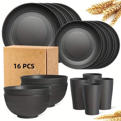 16 PCS Dinnerware Set, Plates And Bowls, Cup, Service For 4 – Minimalist Round Style, Microwave & Dishwasher Safe.