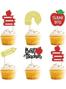 24pcs Back To School Teachers' Day Cupcake Decorations, Glitter Thank You Apple Pencil Stationery Cupcake Toppers, Suitable For Graduation Ceremony, Back To School, Baby Shower, Birthday, Anniversary, Thanksgiving Party Cake Decorations - Multicolor - View 2