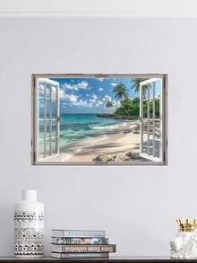 1 Pc Beach Wall Arts, Window Frame Style Sea Canvas Wall Decor Ocean Lavender Pictures, Blue Sea And Boat Sailing Ocean Island Canvas, Nature Seascape Posters For Living Room Office Bedroom Home, Optional Framed