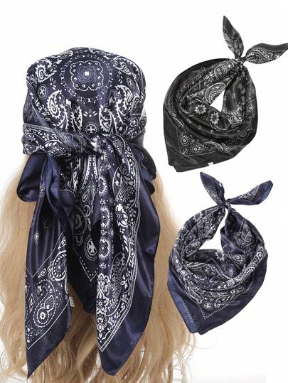 1 pieza Pañuelo cuadrado de mujer de 90cm de seda con estampado bohemio, diadema de seda para playa y resort