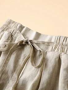 Women's Casual Linen Elastic Waist Pocket Shorts For Spring & Summer - Khaki - View 4