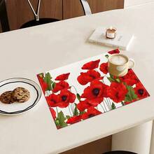 4pcs Set Poppy Flower Printed Linen Placemats - Woven Linen Rectangle Table Mats For Dining, Kitchen, Coffee Table, Dining Table Decor - Multicolor - View 15
