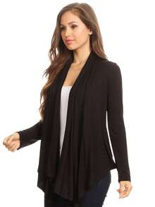 Casual Solid Long Sleeve Drape Open Front Cardigan Lightweight Layering Essential For Everyday Wear  Casual    Asymmetrical    Daily - 黑色 - 查看 2
