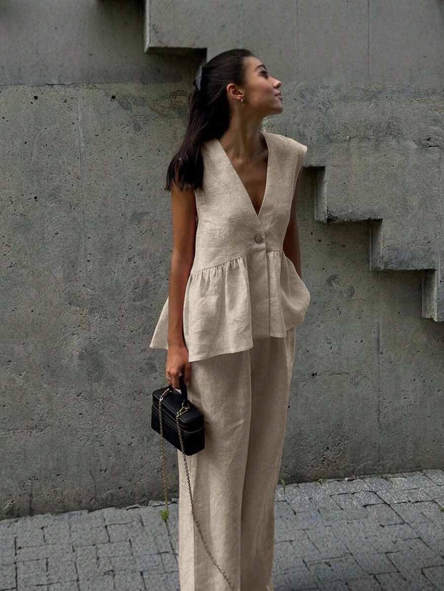 2pcs Women's Casual Elegant Linen Single-Breasted Vest And Pants Set, Suitable For Dates, Daily Wear, Parties, New Year, Street Style - Apricot - View 1