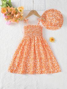 MommBaby Vestido de tirantes con lazo para niña de Mommbabay, vestido de verano sin mangas con estampado de flores de margaritas y sombrero, look de moda para la playa