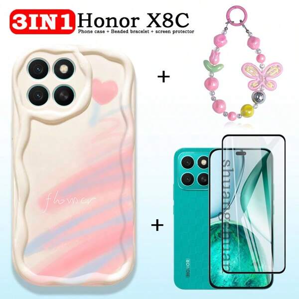 3 قطع من حافظة هاتف Honor X8C ، وحامي شاشة Honor X8C مانع التجسس من زجاج مقسى ، غشاء واقي بلون كريمي ذو نمط قلب ، سلسلة هاتف معللة جميلة مناسبة ل- Honor X8B X6B X7B ، VIVO V50 Lite