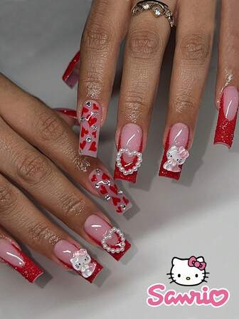  24PCS Middle Square Fake Nail HelloKitty Valentine's Day Red French Sanrio Red Heart Pointed Nail Art Cute Chrome Alloy Acrylic Press On Nail Gel Nail Art Nail Supplies Art Nail Set (Attached: A Piece Of Jelly Gel And File) Suitable For Women's Daily Dating Party