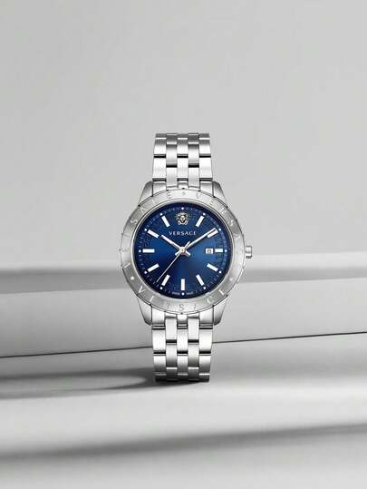 Versace Men's Business Quartz Watch with Stainless Steel Strap and Case Wrist Watch for Men with Blue Dial