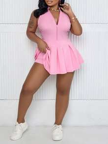BIUBIU Women's Plus Size Fashionable And Casual Solid Color Zipper Half Front Fashionable Tank Pleated Skirt Jumpsuit ,Academic Sexy And Playful Style - Pink - View 1