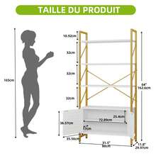 Bibliothèque avec armoire de rangement, étagère à livres à 5 niveaux avec portes pour la chambre à coucher, le salon et le bureau, blanc et or - Blanc - Voir 2