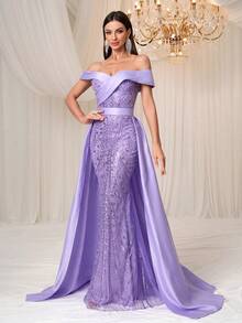Elisanya Elegant Women Formal Evening Dress Ball Gown Night Dress Sequin Mesh Long Sleeve V Neck Floor Length Draped Prom Party Dress Wedding Guest Banquet Graduation Dinner Ceremony Celebration Ceremonial Dress - Mauve Purple - View 6