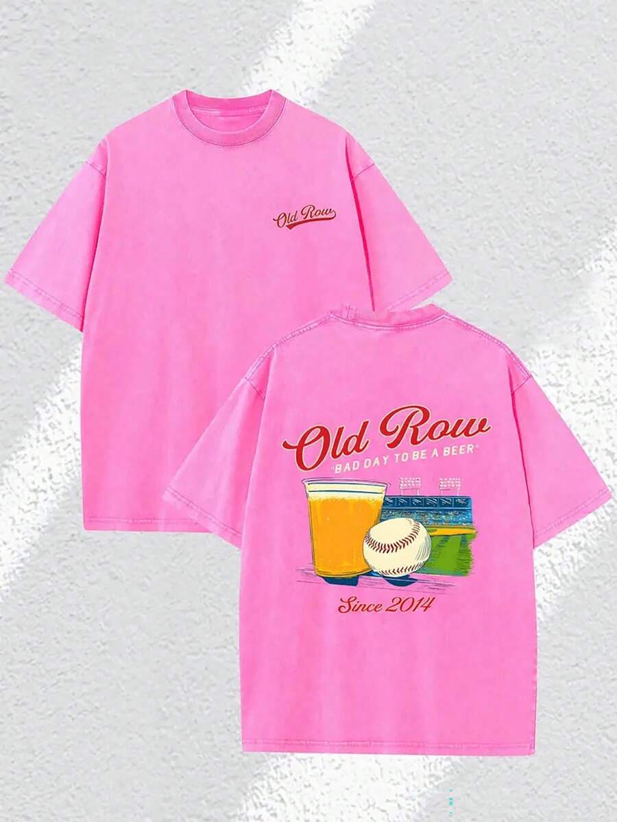 230g Double-Sided Washable, Bad Day Beer Baseball Printed T-Shirt, High-Quality Wax Printed Cotton Retro Fashion Brand T-Shirt, Men's T-Shirt, Beach Essential, Summer T-Shirt, Holiday Gift, Perfect Gift - 玫紅色 - 查看 1