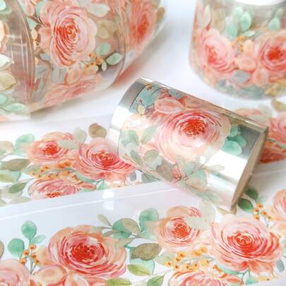 2M Pink Stamen Floral Vine PET Decorative Tape, Vintage Floral Scrapbooking Tape, DIY Landscaping