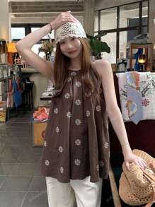 Women's Sleeveless Embroidered Halter Neck Tank Top, Casual Summer