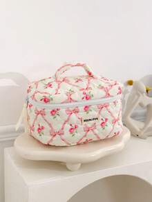 3pcs/1pc Quilted Bowknot & Rose Design Makeup Bag, Fashion Portable Cosmetic Pouch, Pink Makeup Case, Multi-Functional Organizer Bag, Large Capacity Cute Toiletry Bag, Travel Organizer, Mini Brush Holder Handbag, Printed Wash Bag For Lipstick, Brush, Skincare, Phone, Coins, Small Items, For Home, Gift, Holiday And Festival Like Halloween, Christmas