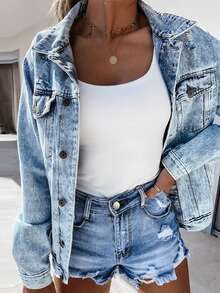 Street Style Washed Denim Ripped Shorts - Blue - View 3