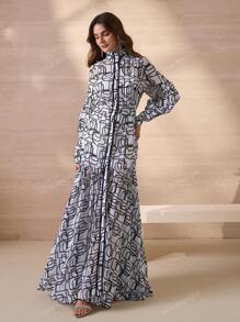 Elegant Romantic Geometric Floral Print Stand Collar Long Sleeve A-Line Dress For Women