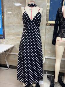 Women Polka Dot Summer Sundress Y2k V Neck Tie Back Spaghetti Strap Maxi Dress 2025 Slim Fit A Line Beachwear Black,M - 棕色 - 查看 5