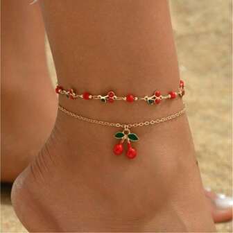 1 件 18K 镀不锈钢多层樱桃吊坠脚链，时尚清新，适合海滩派对、约会、办公室女性