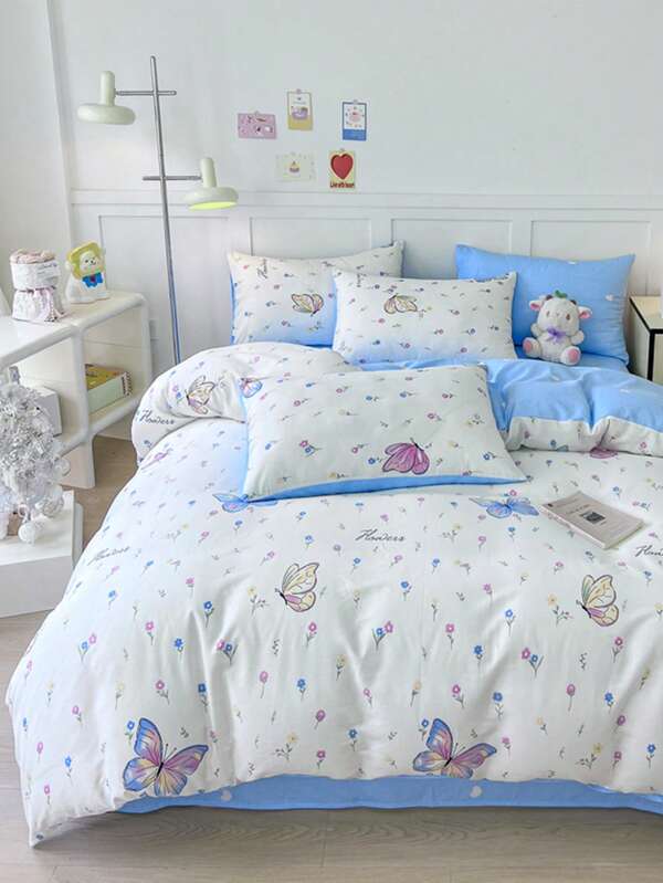 3pcs 100% Cotton Duvet Cover Set (1 Quilt Cover And 2 Pillowcases, No Filling), Soft, Breathable And Comfortable Fabric, Butterfly Flower Print Pattern Style, Suitable For Bedroom Guest Room, Suitable For Double Bed, Queen Bed, King Bed, Multiple Sizes Available, Four Seasons Duvet Cover Bedding Set