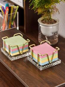 1/2pcs Desktop Self-Adhesive Memo Paper Organizer Holder With Business Card Rack, Black Walnut Simple Hollow Metal Memo Pad Holder