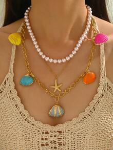 1pc Stainless Steel Boho Ocean Beach Style Faux Pearl Starfish Shell Pendant Necklace Set - Yellow Gold - View 1