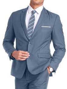 Furuyal 2 Stücke Herren Anzug Sakko Gentleman einfarbige Jacke Krawatte Set Langarm Zweikopfknopf Slim Fit Einreihig Reise Hochzeit Party Business Abschlussball Jeansblau Größe XS-3XL