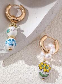 2 buc Cercei ceramici cu fluture și flori, cu mărgele, primăvară/vară, picătură de ulei cu perle artificiale, multicolori, potriviți pentru exterior, plajă, naveta, accesorii de zi cu zi
