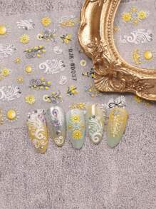 3 Pieces Of Bohemian Pattern Sunflower Relief Nail Art Stickers - Yellow, Blue, Black, And White Bohemian Fresh Hollow Patterns, Vines, Heart-Shaped Flowers, Roses, And Sunflower Art Designs, 5d Relief Technology, Suitable For Women's Disposable Self-Adhesive Back Adhesive Nail Art Stickers, Bohemian Pattern Theme Style, Easy To Stick Nail Decoration Stickers