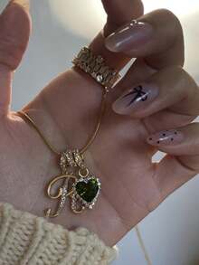 1pc Minimalist Cubic Zirconia Heart Gemstone Gold Initial DIY Necklace, Custom Simple Letter Name Necklace Jewelry Personalized Stainless Steel Initial Pendant Necklace For Women And Mothers, Fashionable Autumn Fashion, Simple, Casual, Customizable With Old Money Design, Personalized, Unique. An Ideal Gift For Girlfriends, Mothers, Family, Friends, Daughters, Anniversaries, Valentine's Day, Mother's Day, Birthdays, Graduation Ceremonies, Everyday Wear, Weddings, And Proms. - Gold - View 10