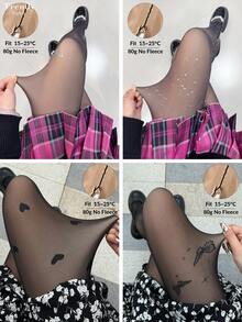 【DazzleLegs】1条装 80克 女士透明连裤袜，高弹力，图案包括爱心、波点、豹纹、蝴蝶结、嘴唇印花，时尚百搭，适合15-25℃秋冬季节穿着，也适合万圣节、电子女孩等场合，舒适保暖。 - 黑色 - 查看 11