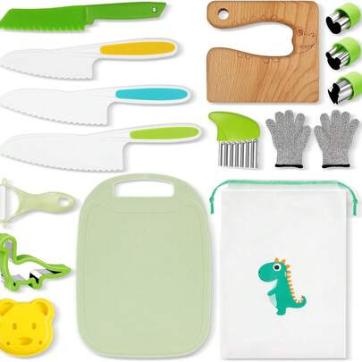 LIMIROLER 15Pcs Kids Knife Set For Real Cooking Montessori Kitchen Tools Kids Kitchen Knife Set Knife Cutting Board For Boys Girls Christmas Children's Day Birthday Gift