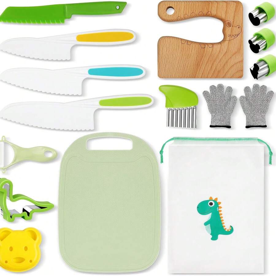 LIMIROLER 15Pcs Kids Knife Set For Real Cooking Montessori Kitchen Tools Kids Kitchen Knife Set Knife Cutting Board For Boys Girls Christmas Children's Day Birthday Gift