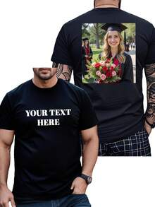 Customized Text Printed Plus Size T-Shirt For Men, Personalized Graphic Design, Plus Size Men's Apparel Customization, Loose Fit Plus Size T-Shirt For Summer, Upload Your Text/Birthday Wishes/Quotes, Round Neck Plus Size Short Sleeve Loose T-Shirt For Men, Holiday Gift, Birthday Gift Customization, Plus Size Men's T-Shirt, T-Shirt Graphic Customization, Summer Men's Plus Size Top Black - Black - View 3
