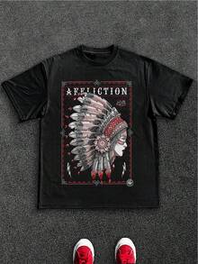 Camiseta para hombre de talla grande con inspiración nativo-americana y gráfico "Live Fast", 100% algodón 220g - Negro - Ver 1