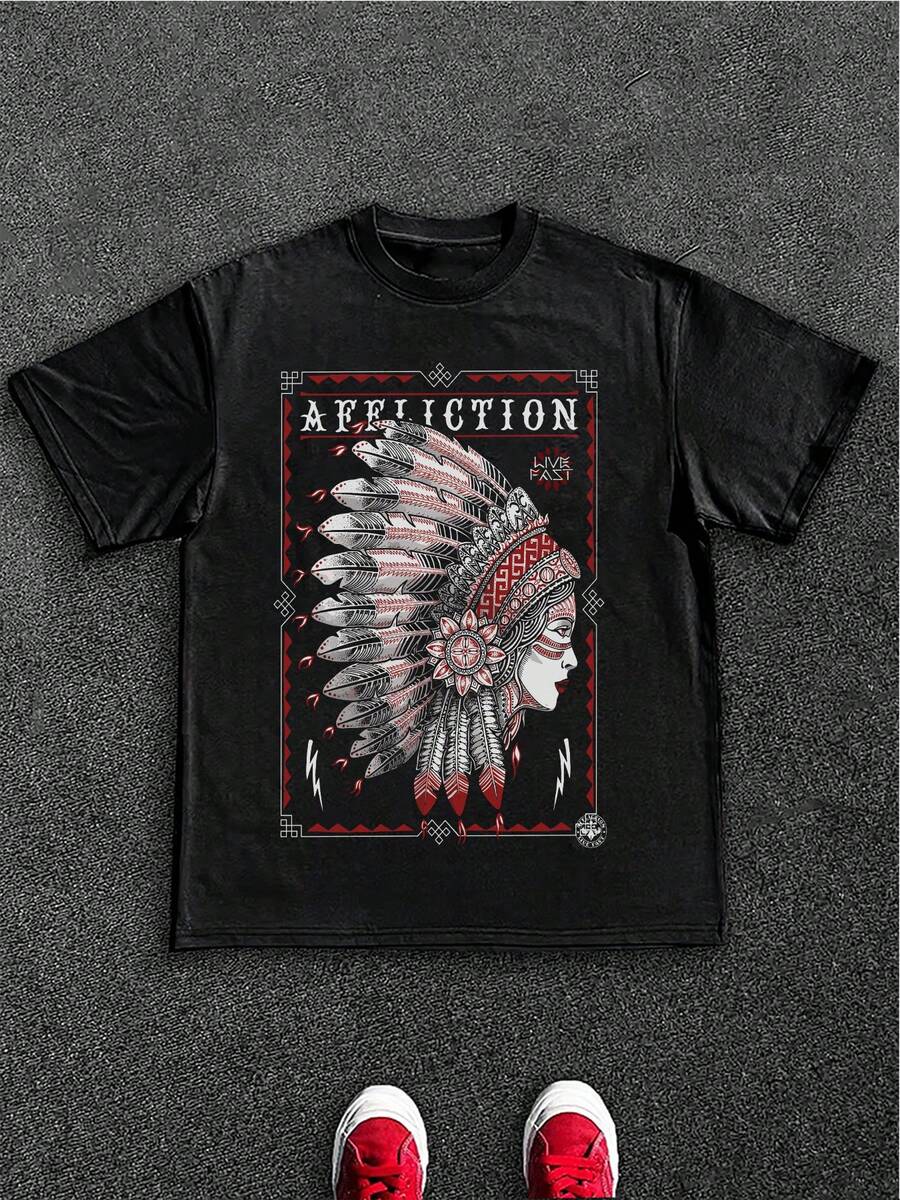 Camiseta para hombre de talla grande con inspiración nativo-americana y gráfico "Live Fast", 100% algodón 220g - Negro - Ver 1