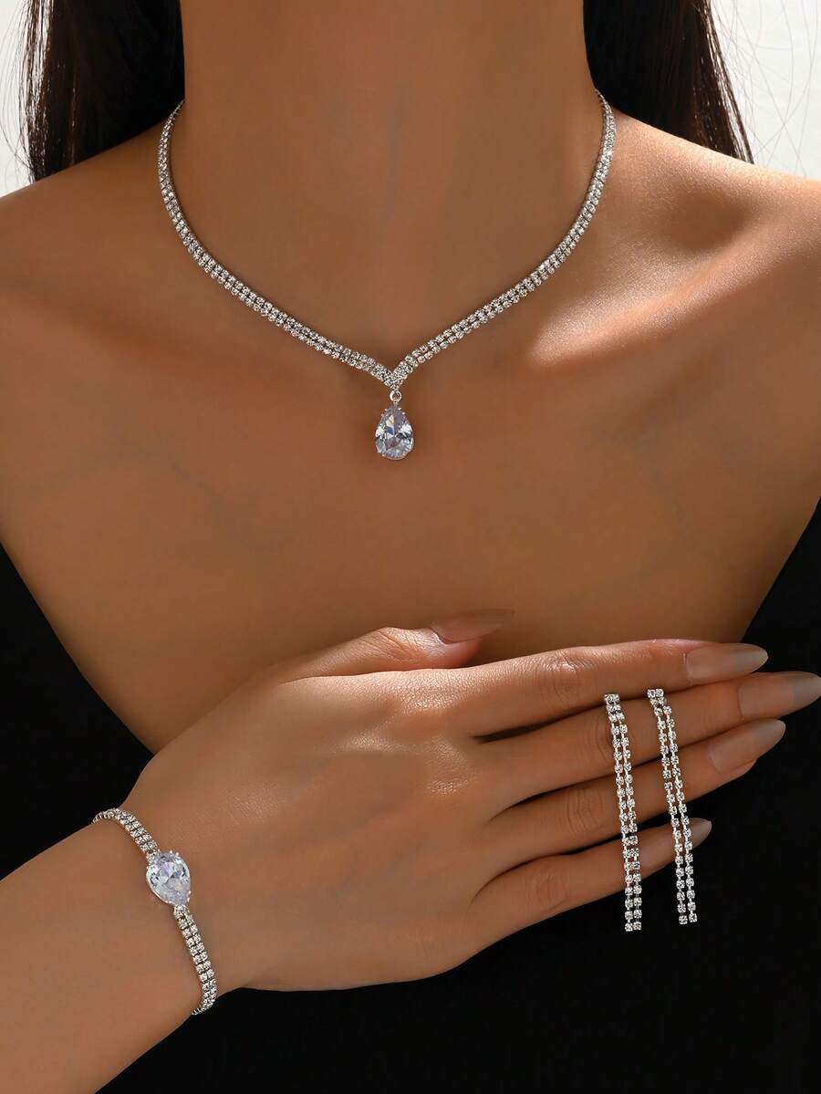 4 件套多功能水钻水滴吊坠项链、耳环、手链首饰套装，适合女士、派对佩戴