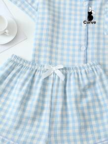 2pcs Plus Size Women's Comfortable Blue & White Plaid Print Single-Breasted Lapel Short Sleeve Top And Shorts Pajama Set, Suitable For Home Wear, Spring/Summer, Outfits, Cool Light Blue