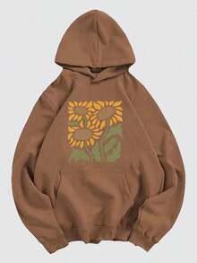 Sudadera de mujer con capucha y cordón ajustable con estampado de girasoles en estilo deportivo informal holgado - Marrón - Ver 4