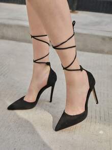 Zapatos de tacón alto con diseño de pierna atada, sexy, de color negro, con tiras, para mujer - Regalo de Navidad de invierno - Negro - Ver 1