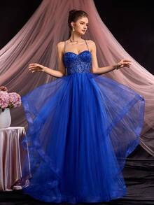 Đầm dạ hội màu xanh dương thanh lịch đính hạt, đầm dự tiệc sang trọng lấp lánh, đầm dạ hội dành cho nữ, đầm cưới mùa xuân. - Xanh đậm - Xem 5