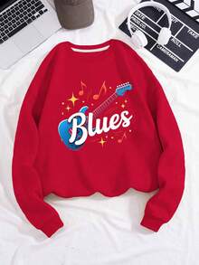 Blues Guitar With Musical Notes Women's Fashion Sweatshirts - Red - View 1