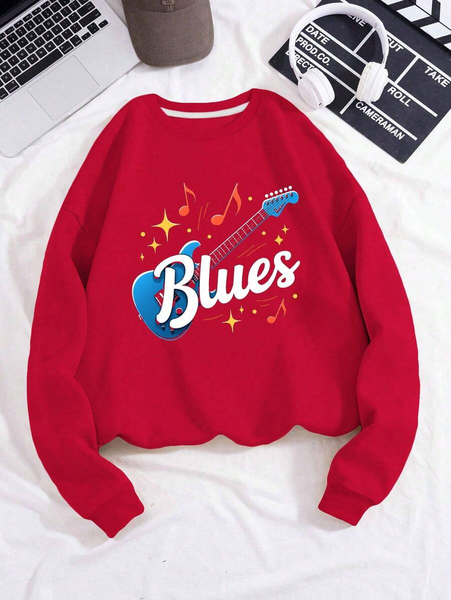 Blues Guitar With Musical Notes Women's Fashion Sweatshirts - Red - View 1