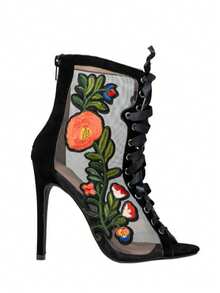 Women's Embroidered Mesh Lace-Up Stiletto Booties - Peep Toe High Heel Ankle Boots For Party And Evening Wear - màu đen - Xem 2