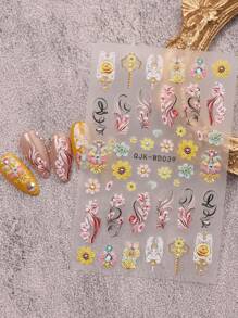 3 Pieces Of Bohemian Pattern Sunflower Relief Nail Art Stickers - Yellow, Blue, Black, And White Bohemian Fresh Hollow Patterns, Vines, Heart-Shaped Flowers, Roses, And Sunflower Art Designs, 5d Relief Technology, Suitable For Women's Disposable Self-Adhesive Back Adhesive Nail Art Stickers, Bohemian Pattern Theme Style, Easy To Stick Nail Decoration Stickers