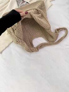 镂空撞色钩针编织手提包，度假风格 - 米色 - 查看 9