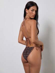 Women 2 Piece Bikini Set Star Print Tie-Up Halter Neck Tops Low Rise Shorts Casual Bathing Suits For Beach Pool - Brown - View 3