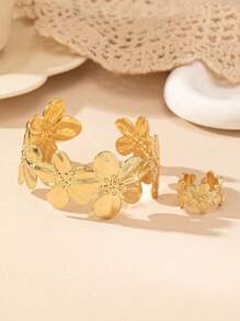 1 Set Vintage Geometric Floral Open Bangle Bracelet & Open Flower Ring, Elegant Chic Style Women Jewelry Set
