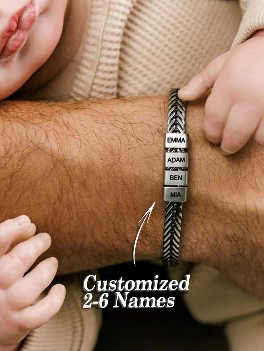 1pc Engraved Father Gift, Father's Day Gift,Fathers Dad Gift,Custom Bracelet For Dad With Youth Name, Personalize Daddy Bracelet, Family Jewelry, Family Name Bracelet, Husband Gift,Delicate Romance,Silver Stylish - Multicolor - View 1